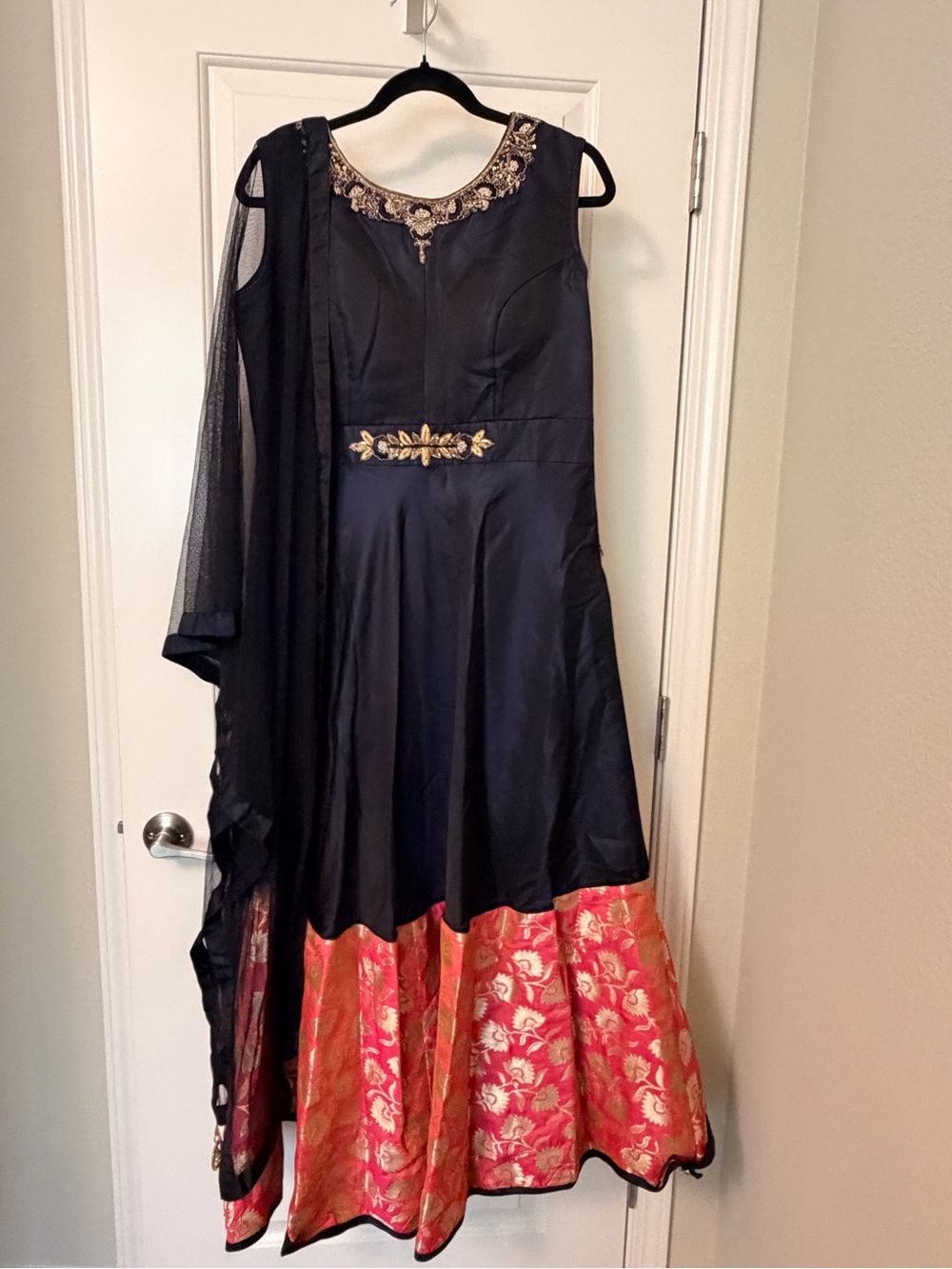 Navy Blue & Pink Gold Embroidered Anarkali Dress